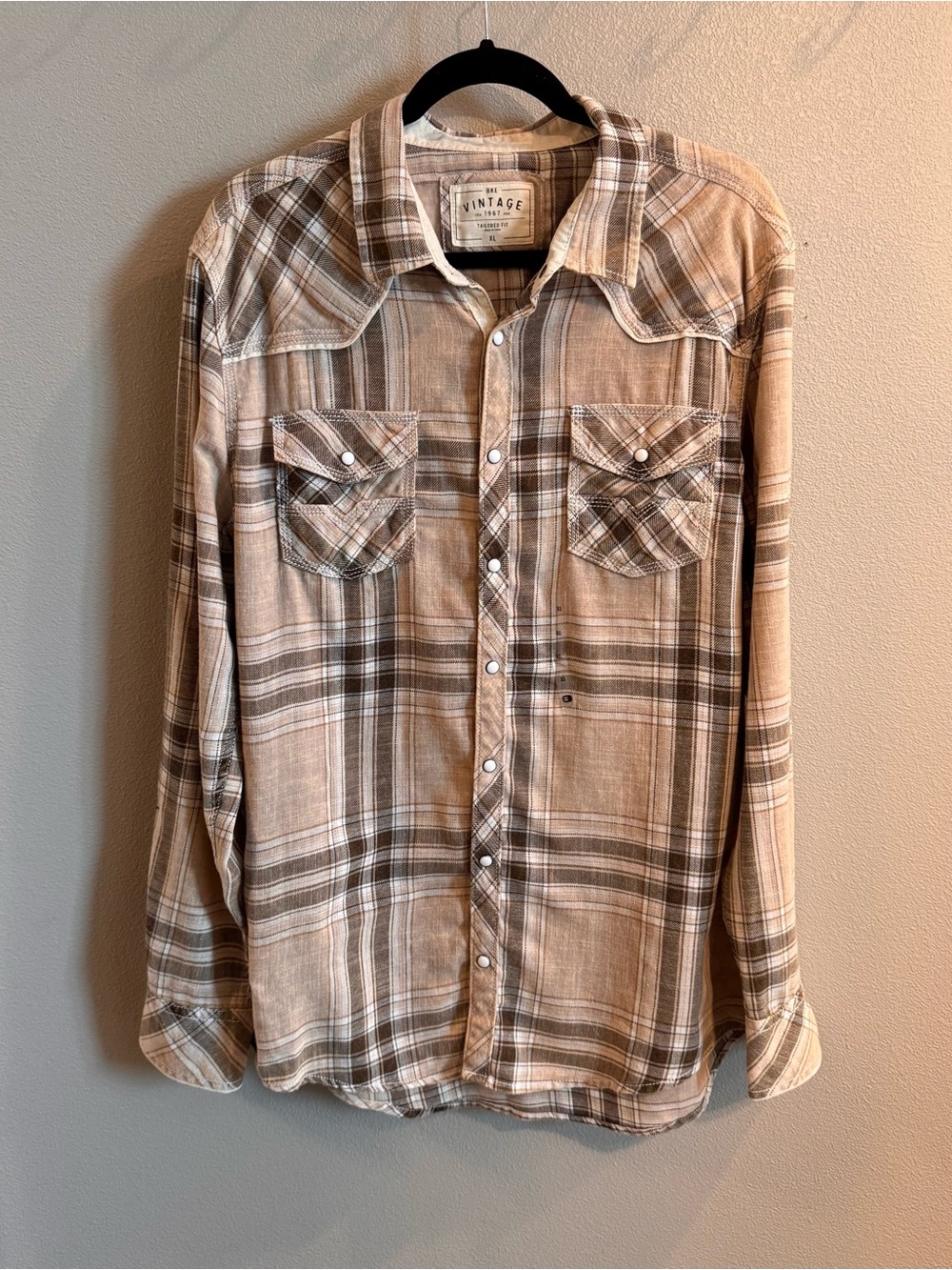 BKE Vintage Men's Beige Plaid Snap Front Western Shirt Tailored Fit